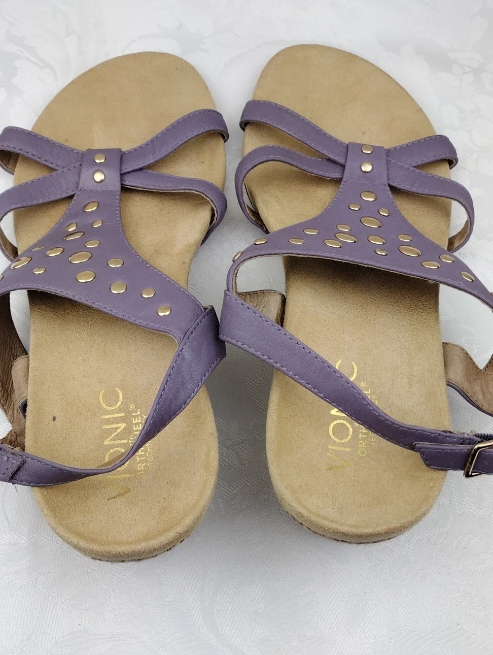 Vionic Orthaheel Catarina Leather Purple Studded Open Toe Slingback Wedge Sandal